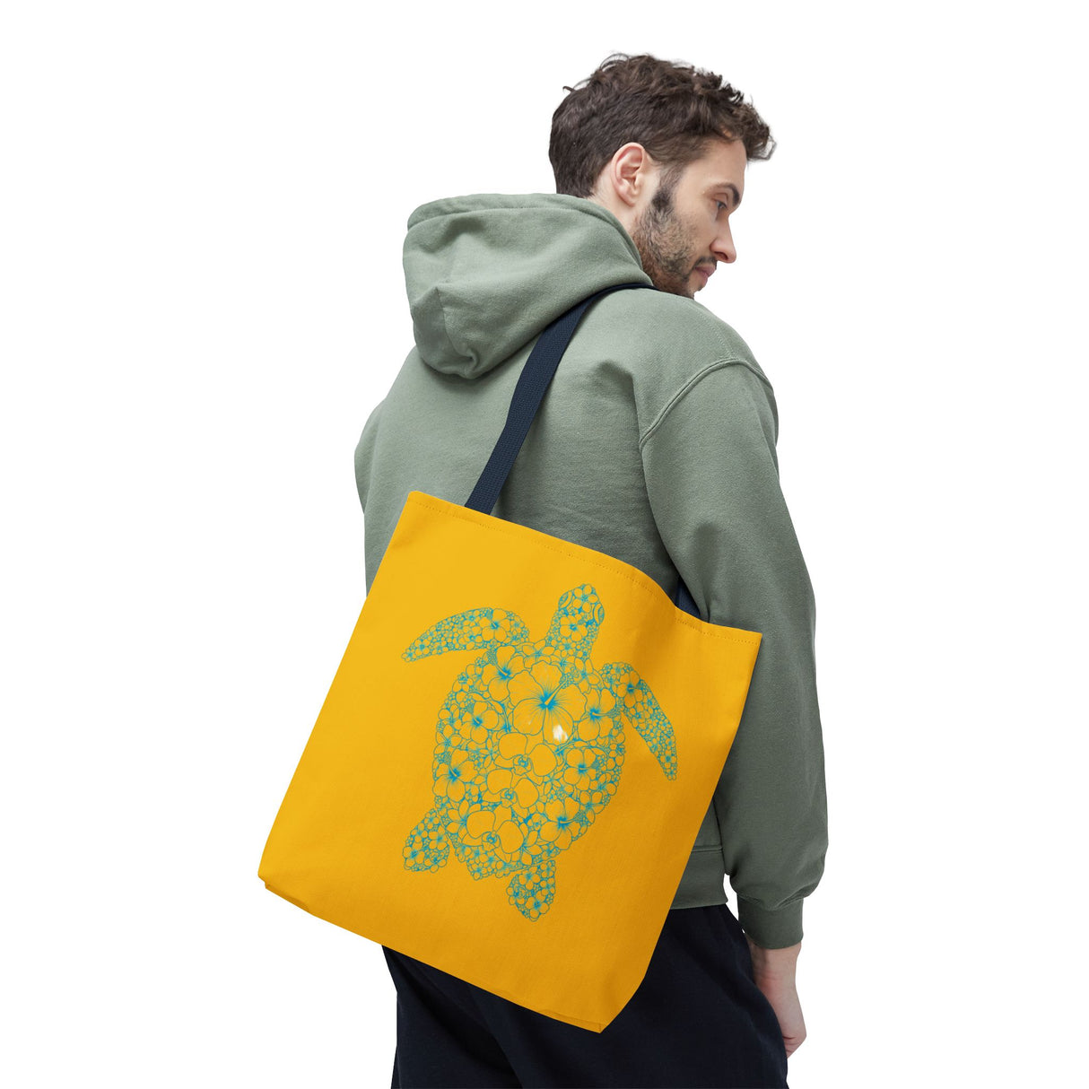Gold and Teal Tropical Flower Sea Turtle Tote Bag, Eco-Friendly Shopping Bag, Summer Beach Bag, Animal Lover Gift, Cute Tote for Kids & Adults