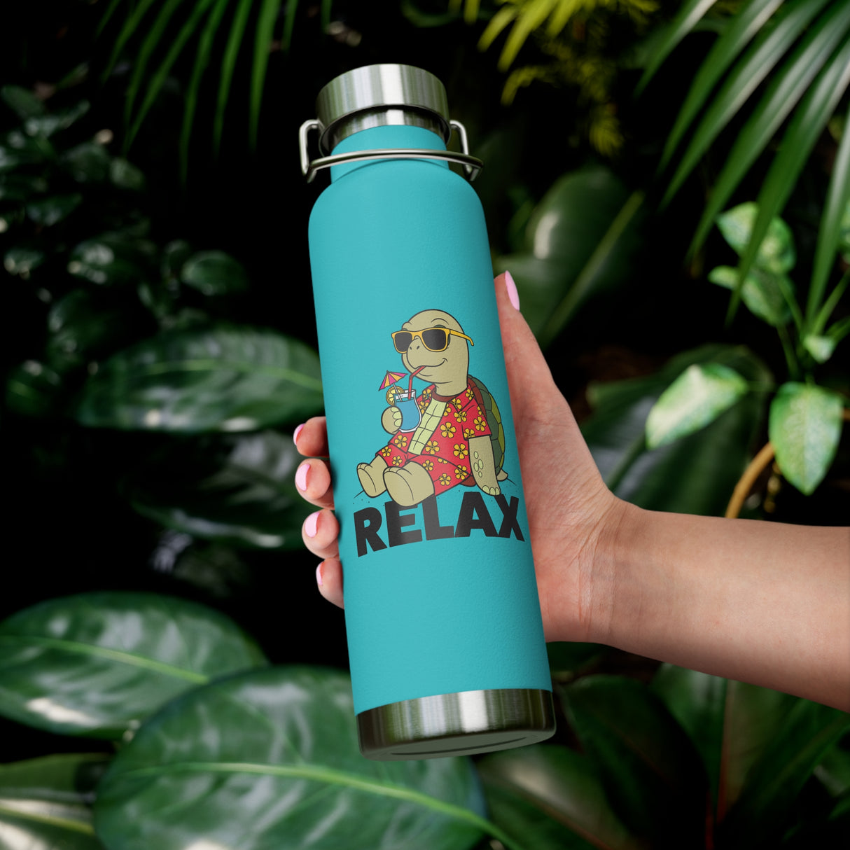 RELAX Cartoon Turtle Water Bottle 22oz - Cute Turtle Design, Insulated Drinkware for Summer, Beach Days, Gifts for Friends