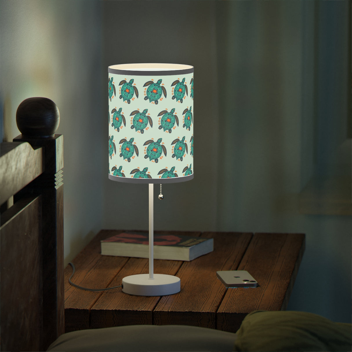 Blue Sea Turtle Pattern Table Lamp, Nightstand Light, Sea Life Decor, Beach House Accent, Kid's Room Lighting