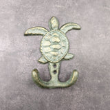 Cast Iron Sea Turtle Wall Hooks Green Gold Patina (1 metal hook approx. 4.75+ inches) Green Sea Turtle Double Wall Hook for coastal decor!