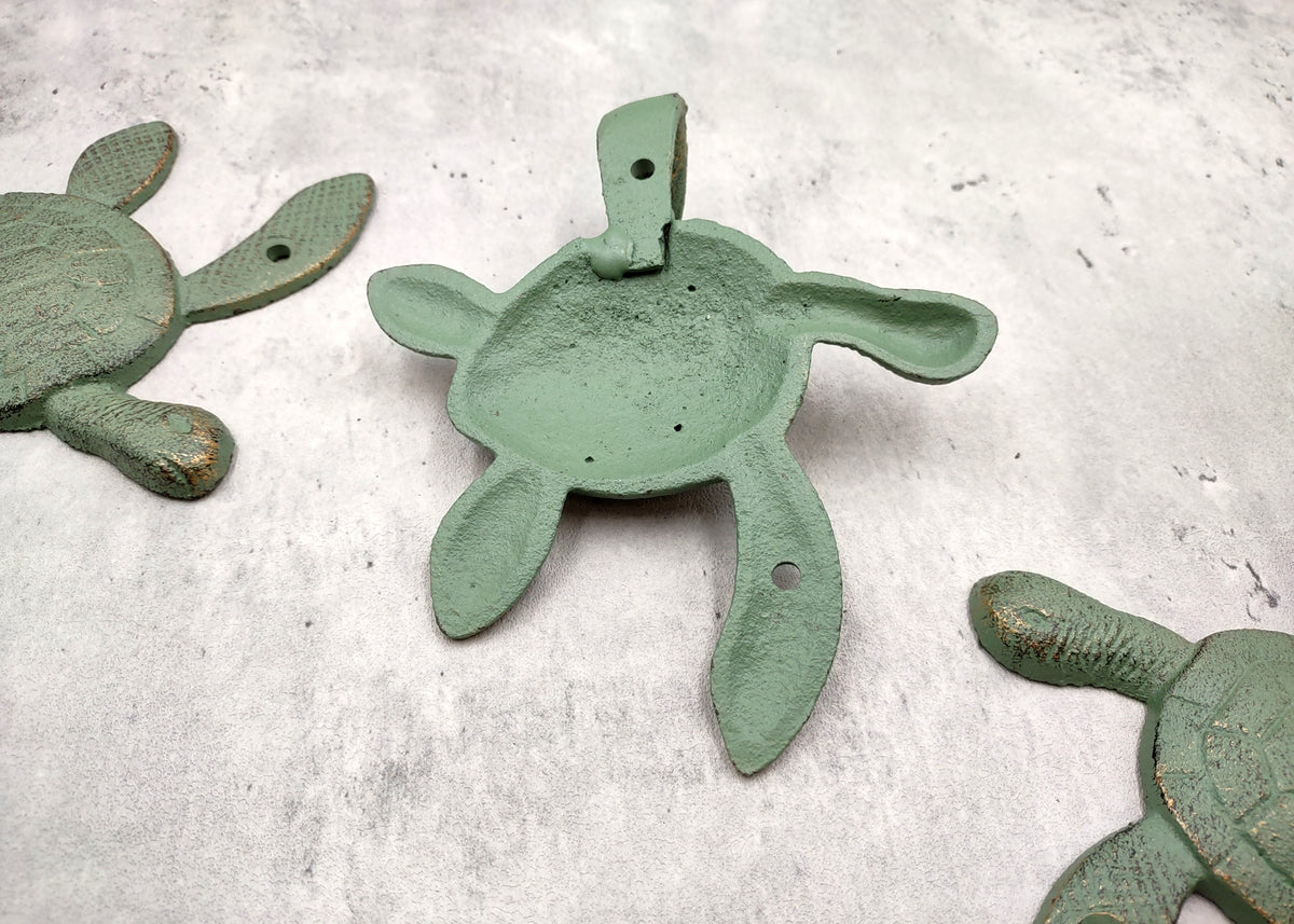 Cast Iron Green Patina Sea Turtle Wall Hook (1 cast iron hook approx. 6+ inches) Verdigris Sea Turtle Wall Hanger for coastal home decor!