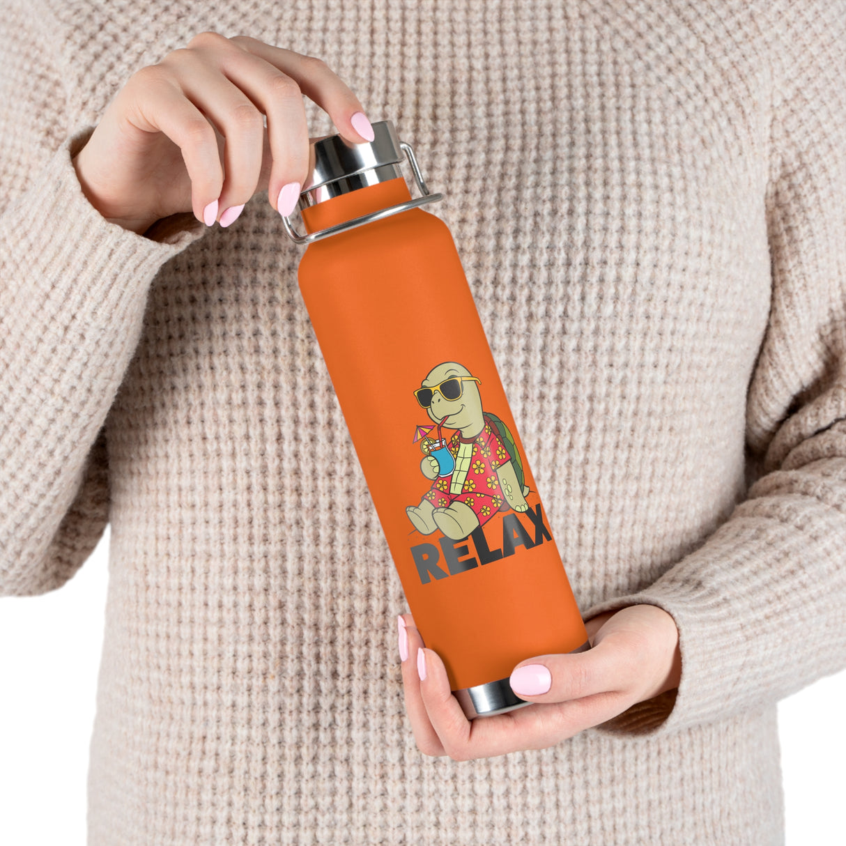 RELAX Cartoon Turtle Water Bottle 22oz - Cute Turtle Design, Insulated Drinkware for Summer, Beach Days, Gifts for Friends