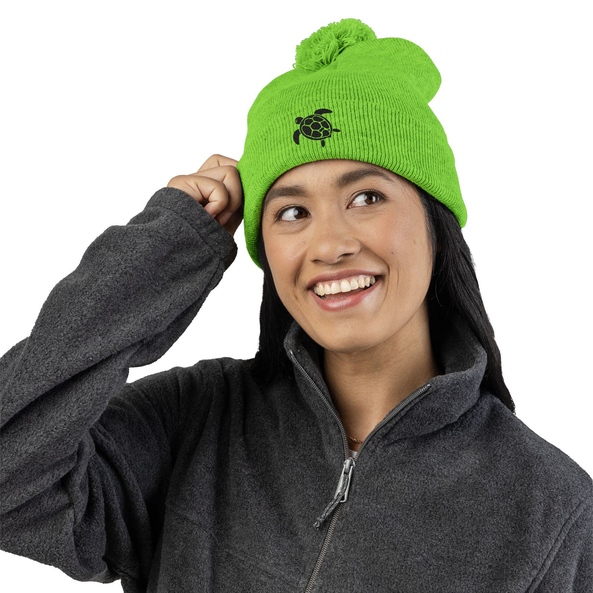 Cozy Pom-Pom Knit Cap with Black Sea Turtle Embroidery - 5 colors