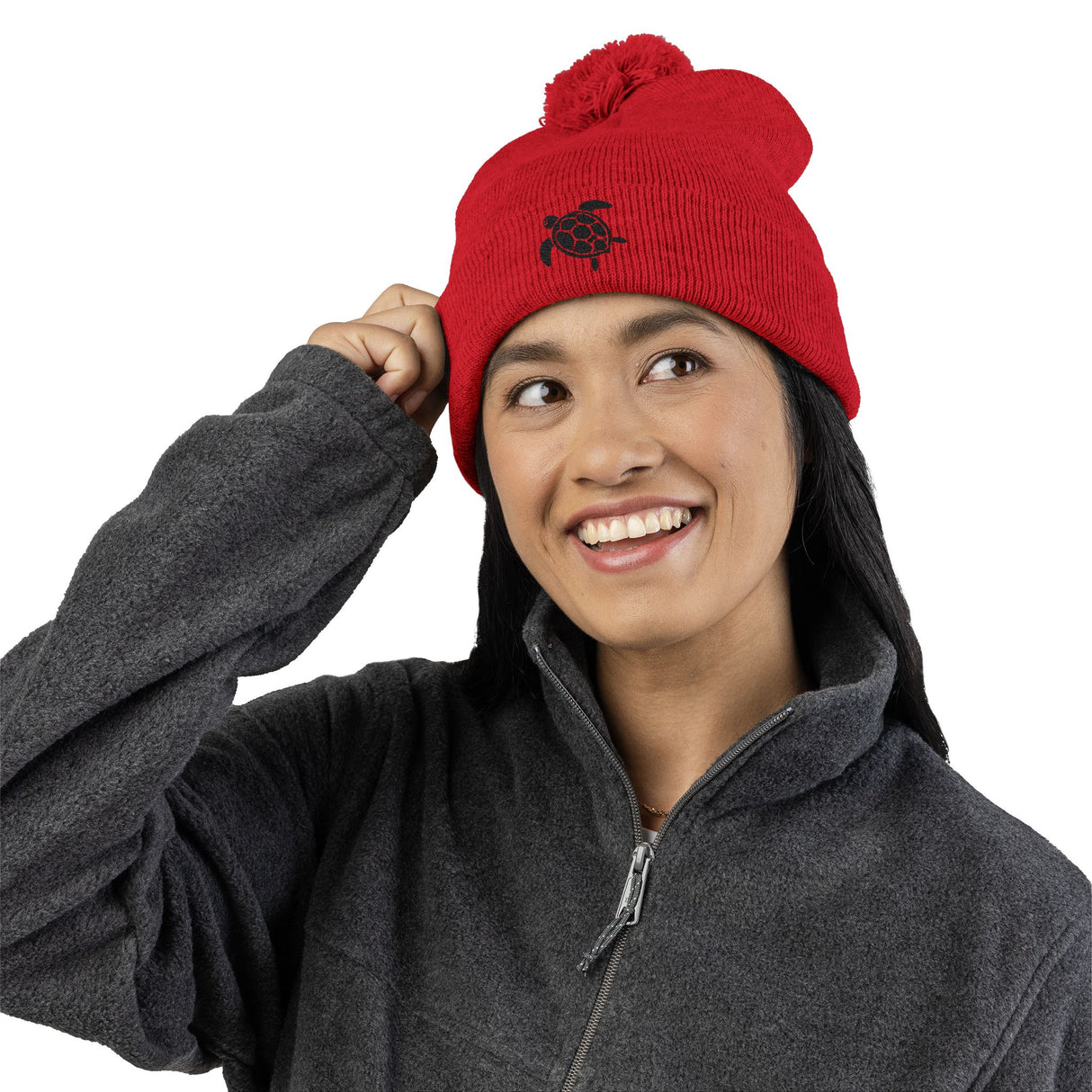 Cozy Pom-Pom Knit Cap with Black Sea Turtle Embroidery - 5 colors