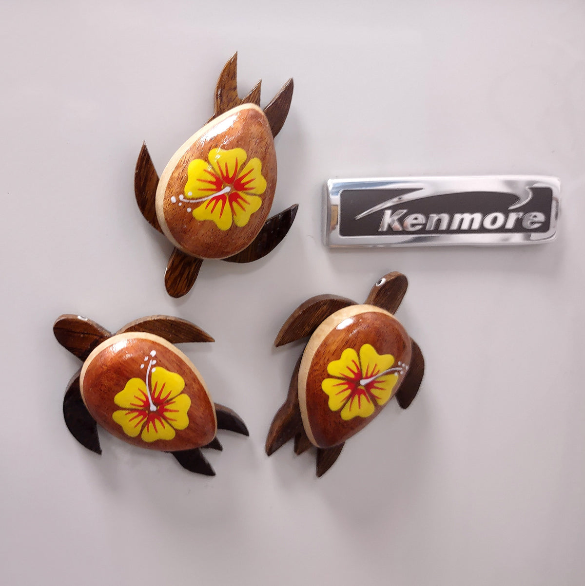 Wooden Sea Turtle Magnet Yellow Hibiscus Flower (1 magnet approx. 2+ inches) Wood Sea Turtle Magnet gift for fridges cabinets doors!