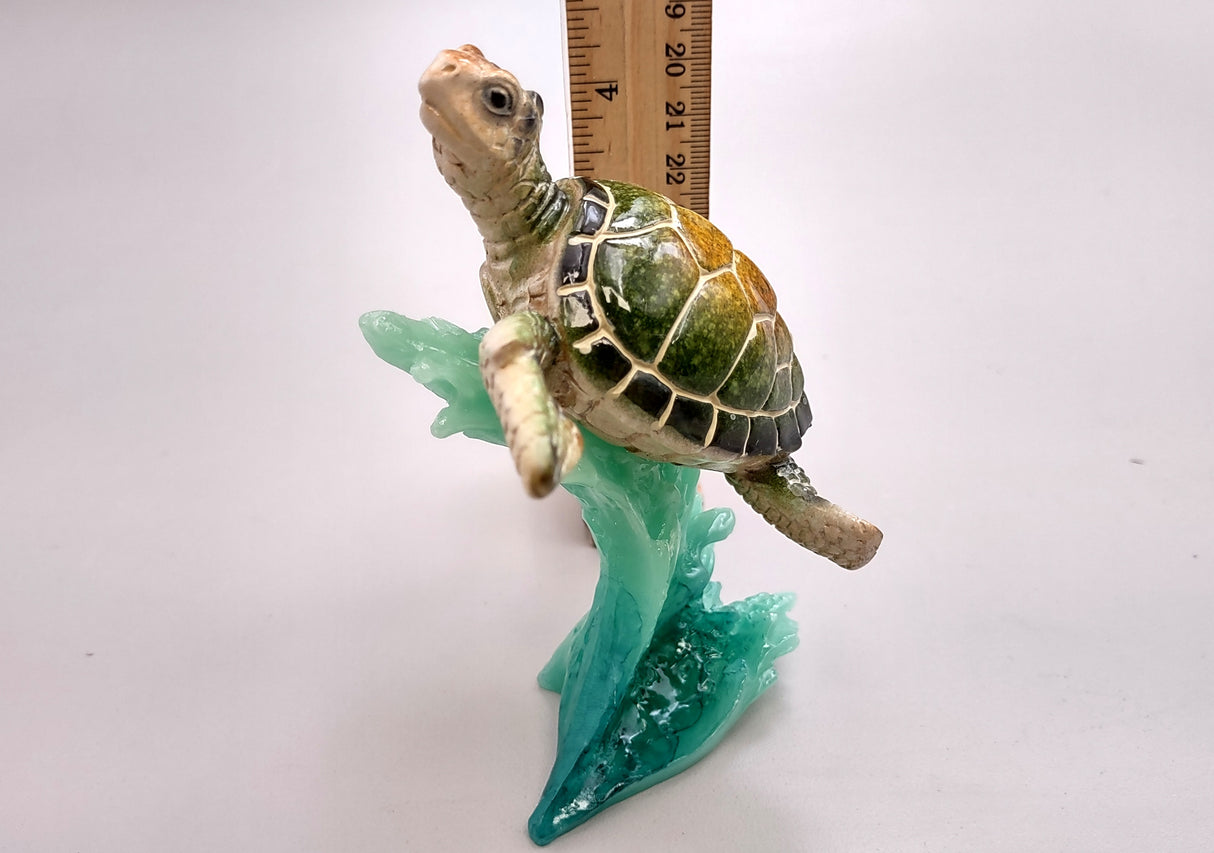 Green Sea Turtle Figurine Riding A Wave (One figure approx. 5+ inches long) Wonderful sea life décor for your home or office!
