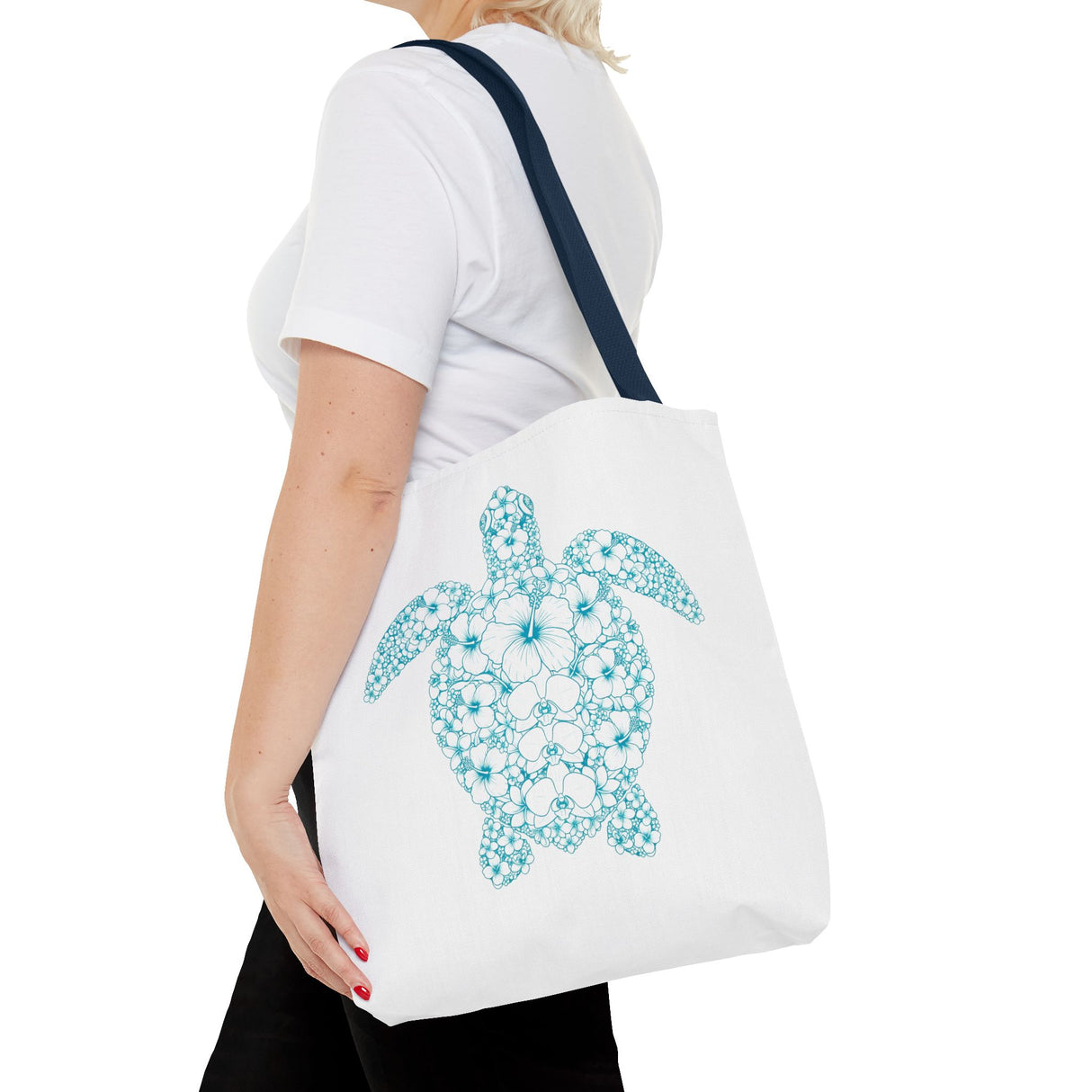 White and Teal Tropical Flower Sea Turtle Tote Bag - 3 sizes