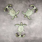Cast Iron Sea Turtle Wall Hooks Green Gold Patina (1 metal hook approx. 4.75+ inches) Green Sea Turtle Double Wall Hook for coastal decor!