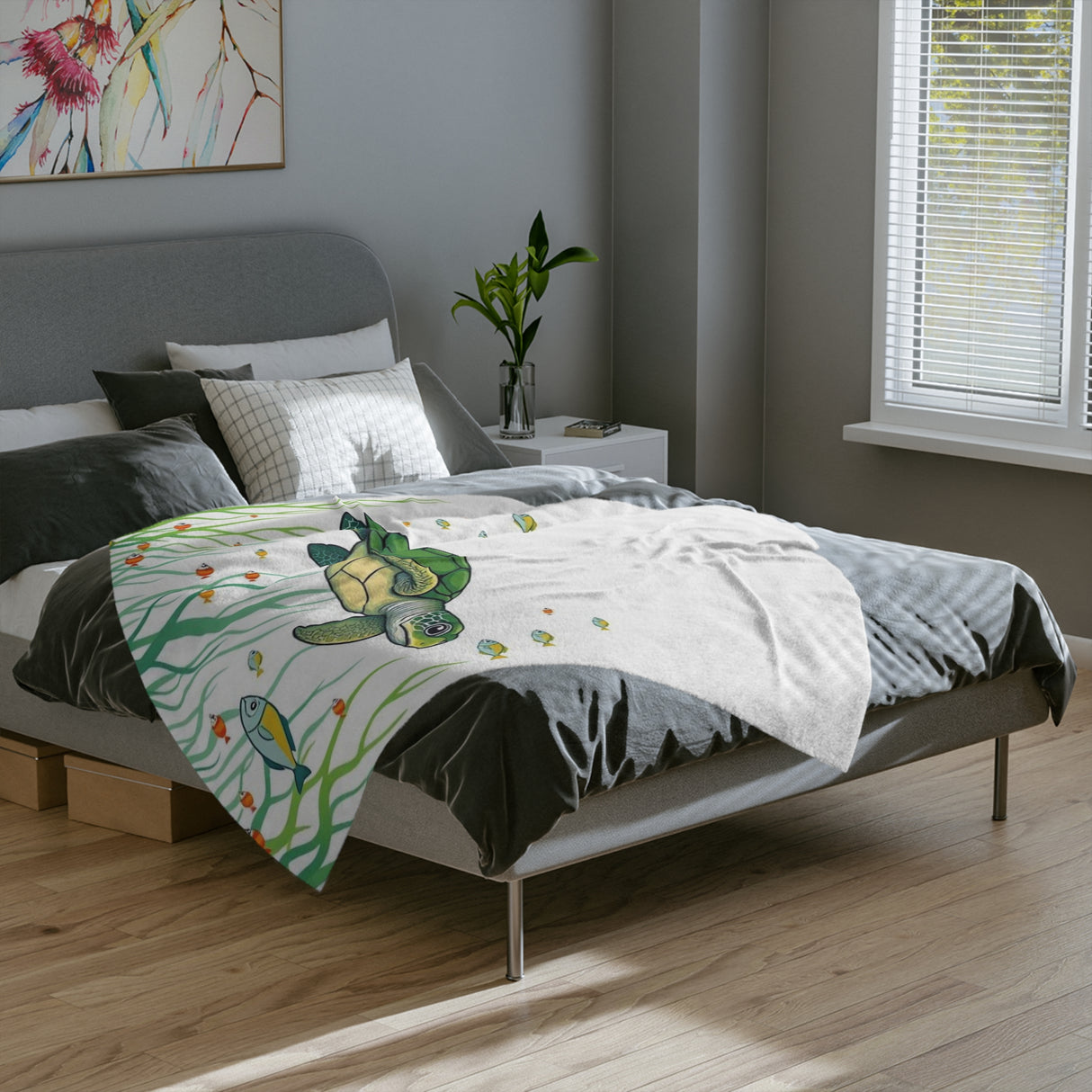 Green Sea Turtle in The Grass -Themed Velveteen Microfiber Blanket - 3 Sizes