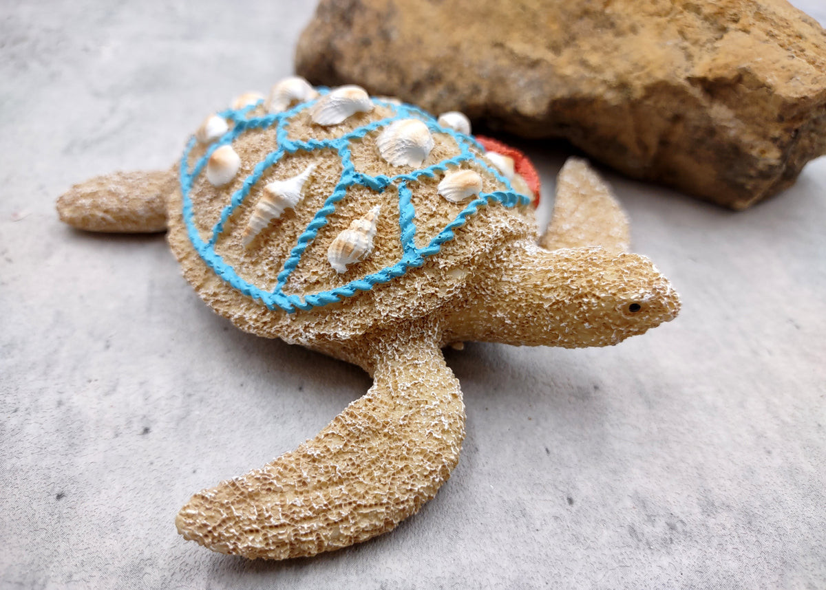 Sandy Sea Turtle Figure With Seashells Net Starfish (1 turtle approx. 5+ inches) Sand Texture Resin Cast Sea Turtle Figure for home decor!