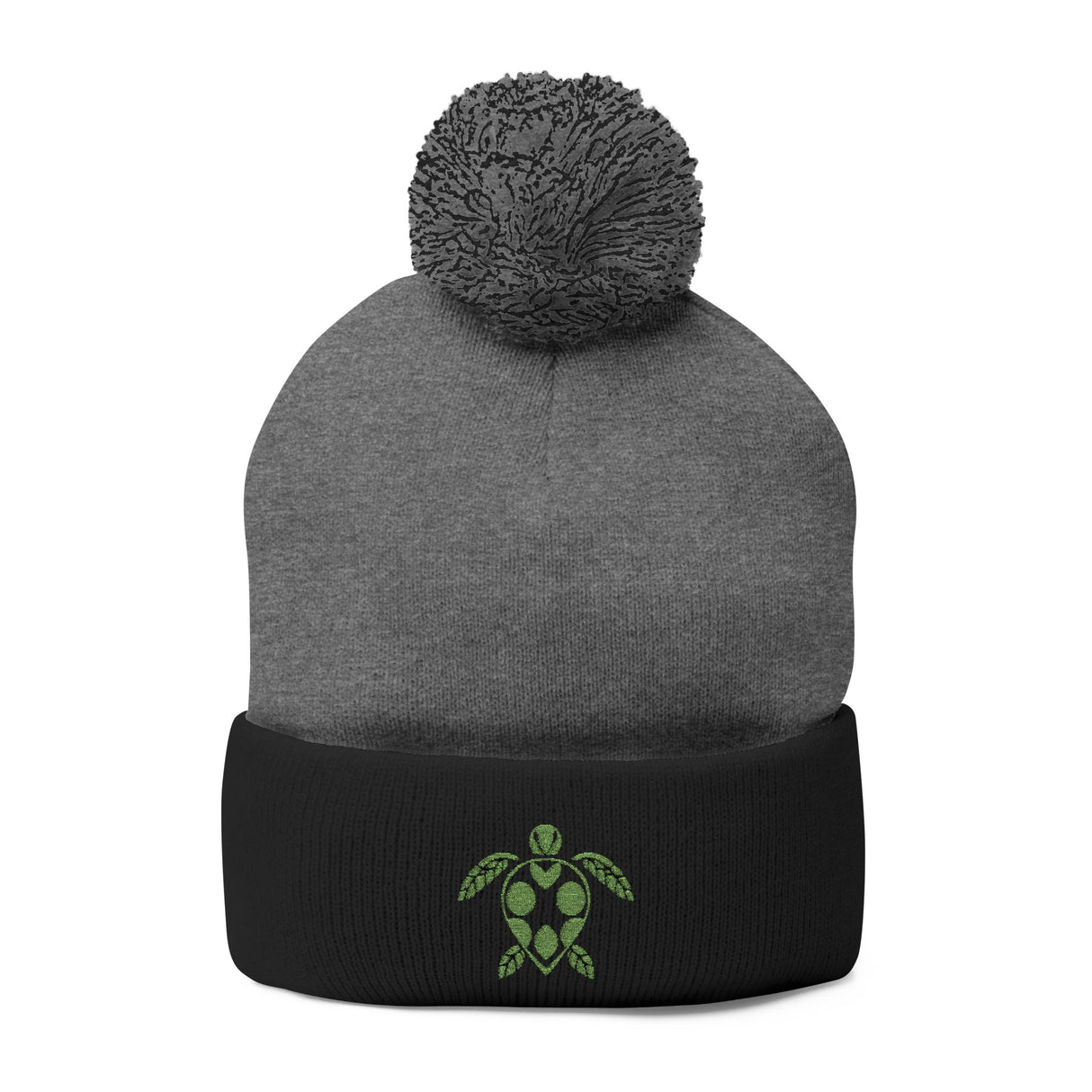 Cozy Pom-Pom Knit Cap with Green Sea Turtle Embroidery