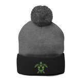 Cozy Pom-Pom Knit Cap with Green Sea Turtle Embroidery
