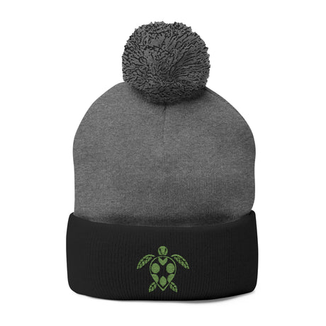 Cozy Pom-Pom Knit Cap with Green Sea Turtle Embroidery