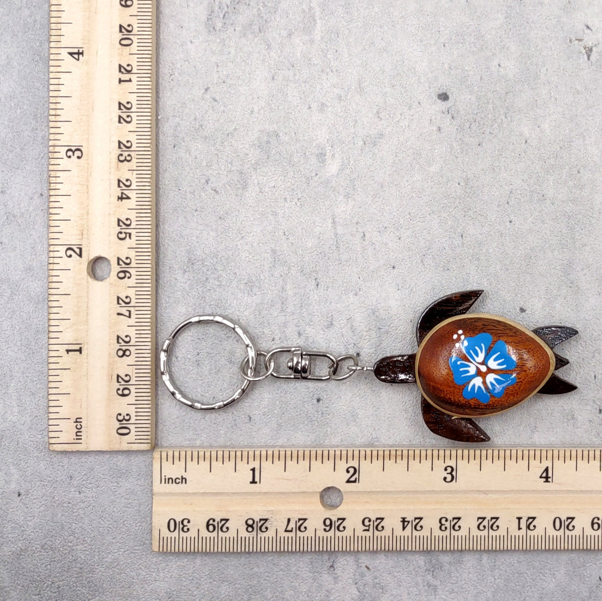 Blue Hibiscus Painted Wooden Sea Turtle Keychain (1 keychain approx. 4.25+ inches) Wooden Sea Turtle Key Fob for gifting or party favors!