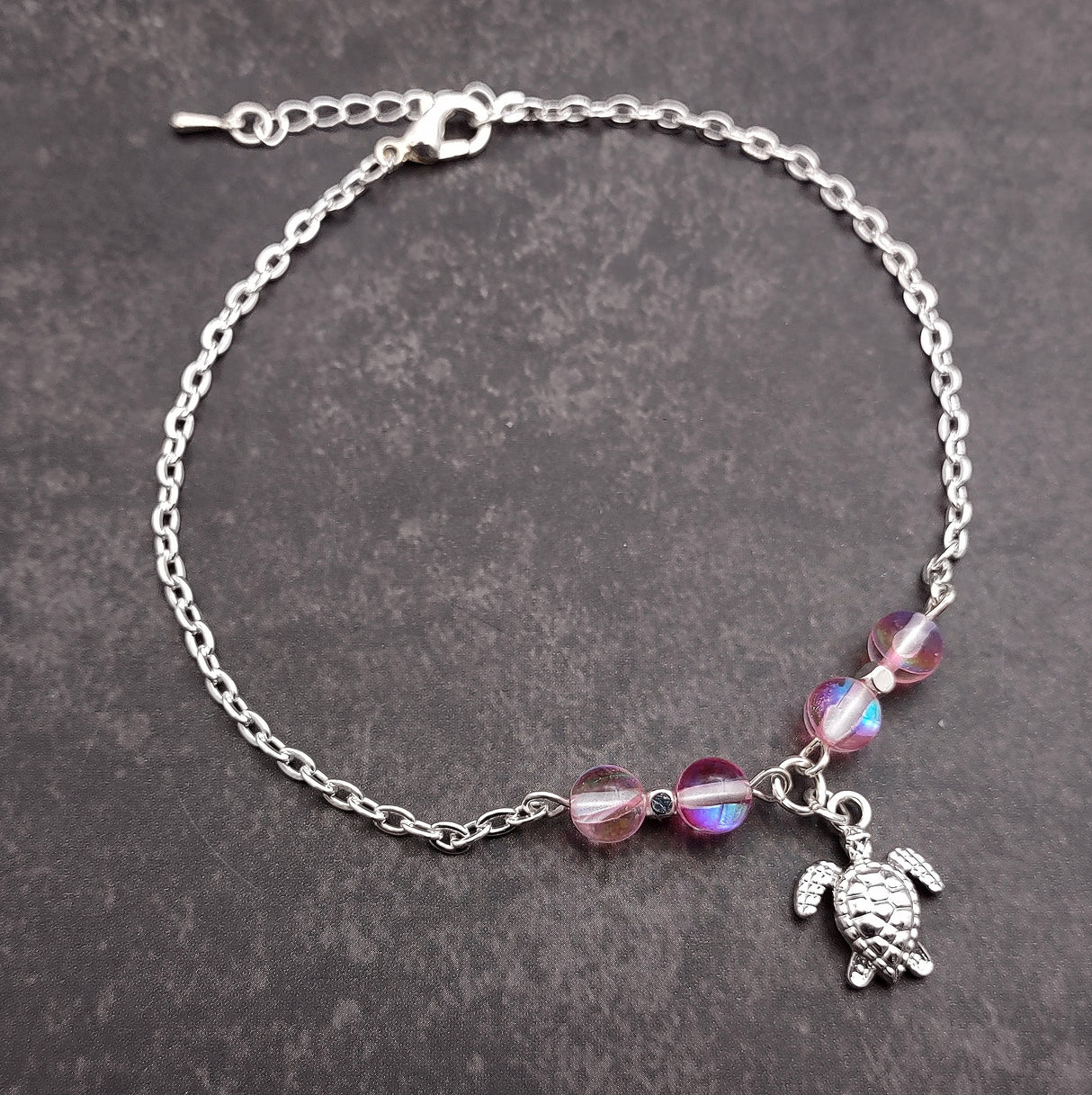 Sea Turtle Anklet Light Pink Beads Silver Color (approx. 9+ inches AROUND) Cute Pink Sea Turtle Charm Anklet for any beachy outfit!