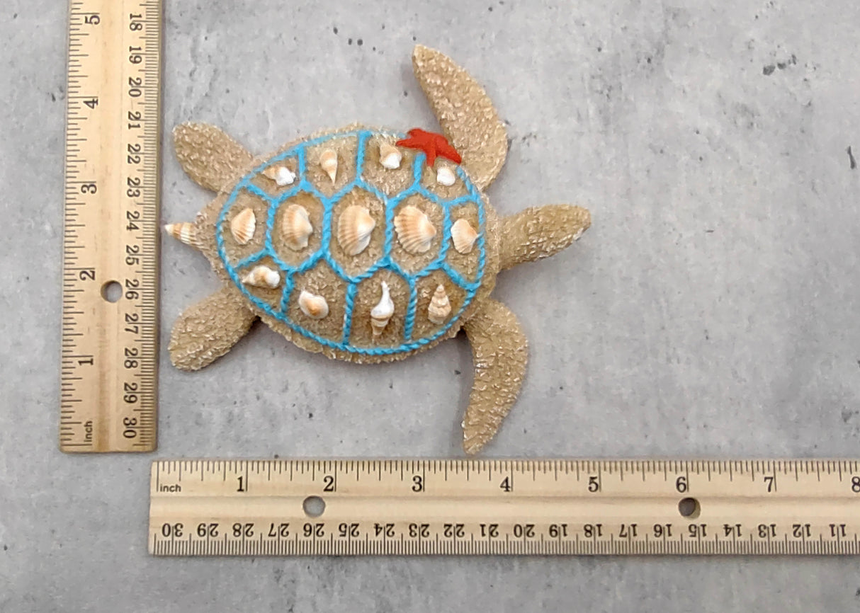 Sandy Sea Turtle Figure With Seashells Net Starfish (1 turtle approx. 5+ inches) Sand Texture Resin Cast Sea Turtle Figure for home decor!