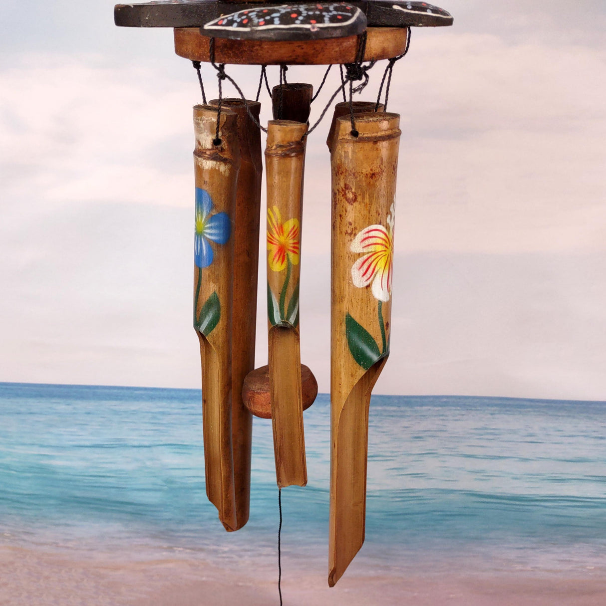Painted Coconut Sea Turtle Bamboo Windchime Blue Dot (1 chime approx. 30 x 5 inches) Hanging Painted Sea Turtle Chime for patio decor!
