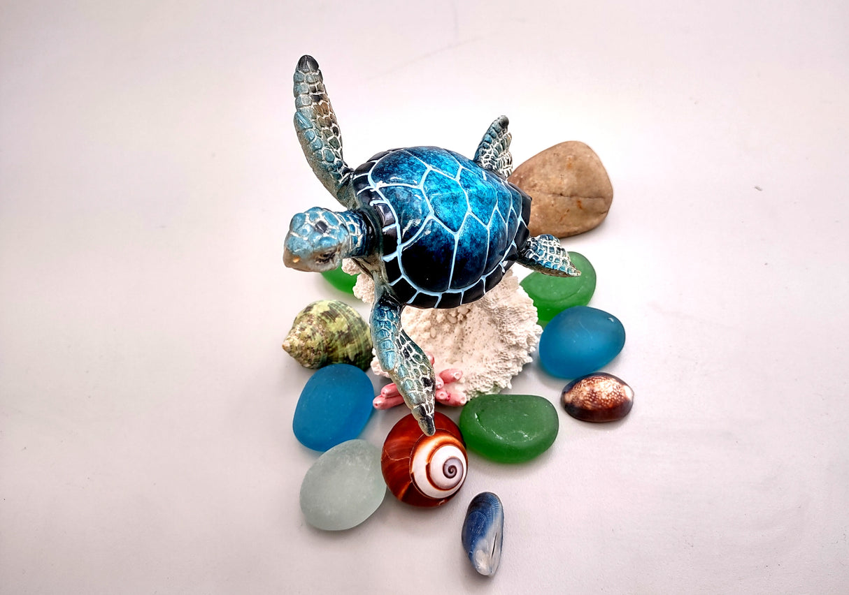 Blue Sea Turtle Figurine on Coral Painted Resin (1 turtle approx. 5+ inches) Blue Painted Resin Turtle on Coral for coastal home décor!