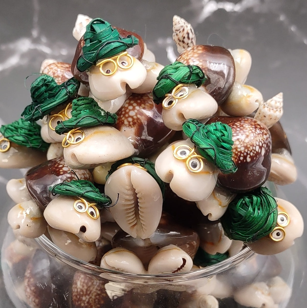 Cowrie Shell Sea Turtle Figurines Green Hat (3 figures approx. 2+ inches) Cute Cowrie Seashell Sea Turtles for gifts decor & display!