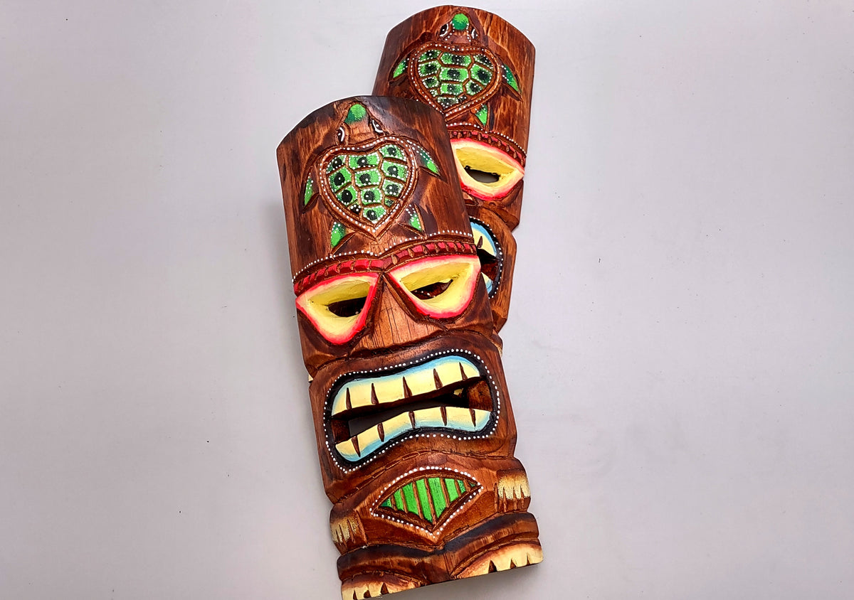 Tropical Tiki Mask Face Large Painted Wooden Turtle (1 mask approx. 12 inches tall) Colorful Painted Tiki Mask to hang in a seaside home!