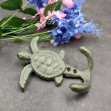 Cast Iron Sea Turtle Wall Hooks Green Gold Patina (1 metal hook approx. 4.75+ inches) Green Sea Turtle Double Wall Hook for coastal decor!