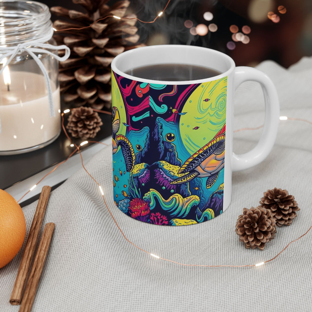 Cosmic Sea Turtle Ceramic Mug - Sea Turtle Lover Gift, Ocean Decor, Turtle Art, Eco-Friendly Drinkware, Groovy Coffe Cup