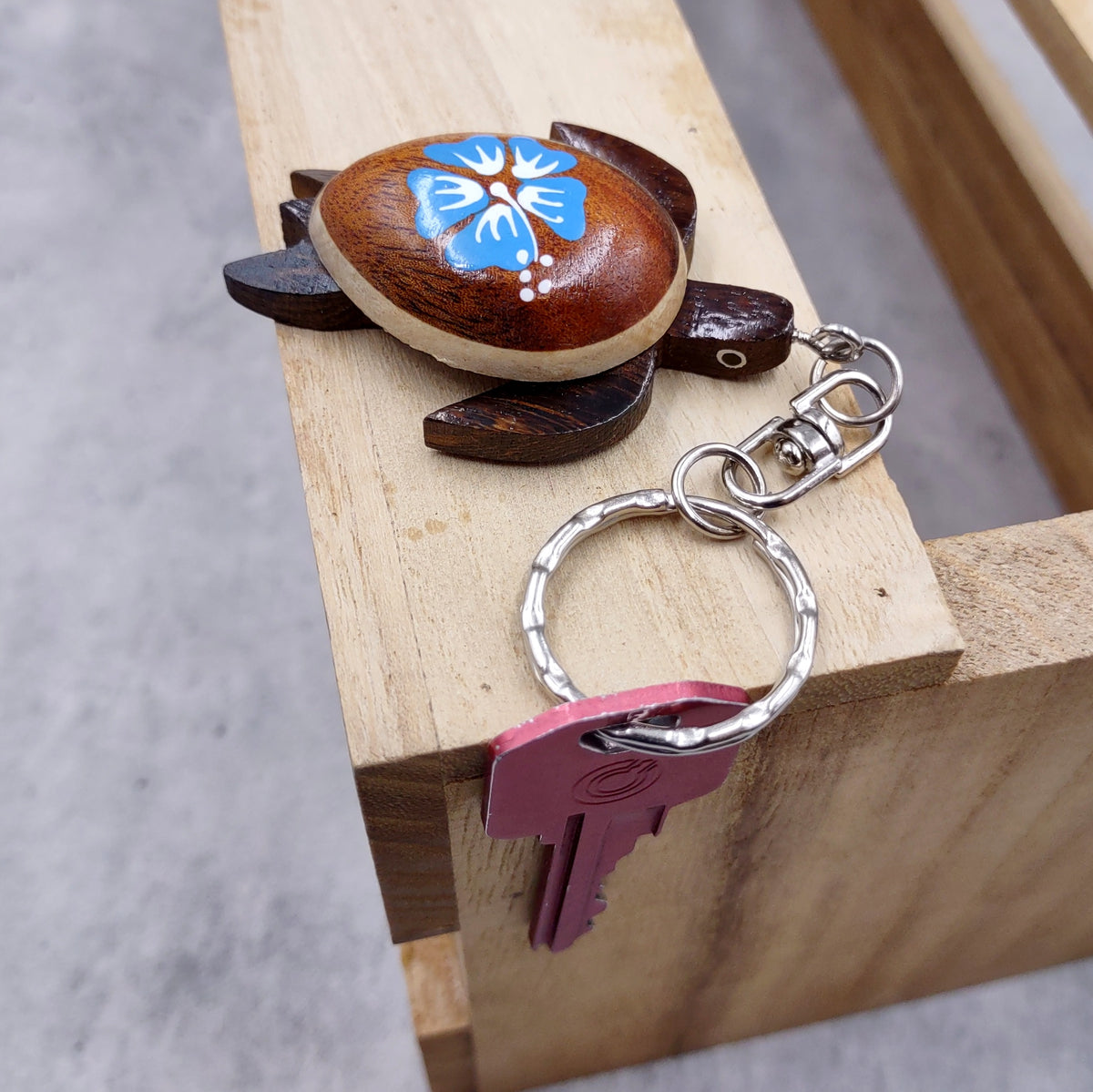Blue Hibiscus Painted Wooden Sea Turtle Keychain (1 keychain approx. 4.25+ inches) Wooden Sea Turtle Key Fob for gifting or party favors!