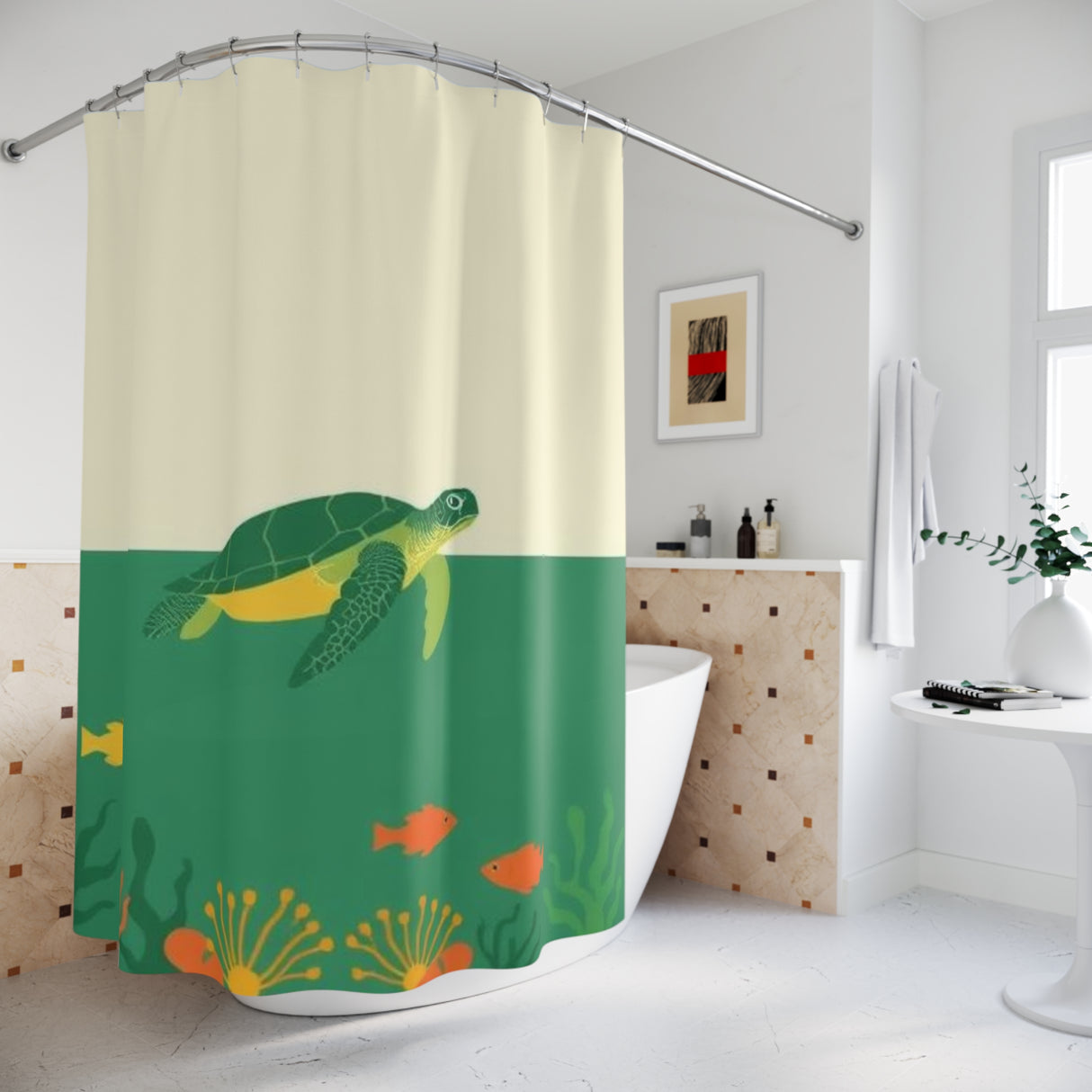 Green and Off White Swimming Sea Turtle Shower Curtains - Coastal Bathroom Decor
