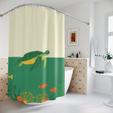 Green and Off White Swimming Sea Turtle Shower Curtains - Coastal Bathroom Decor