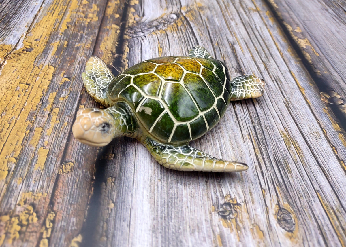 Green Sea Turtle Figurine Painted Resin (1 turtle approx. 5+ inches long) Green Painted Resin Sea Turtle Figure for coastal home decor!