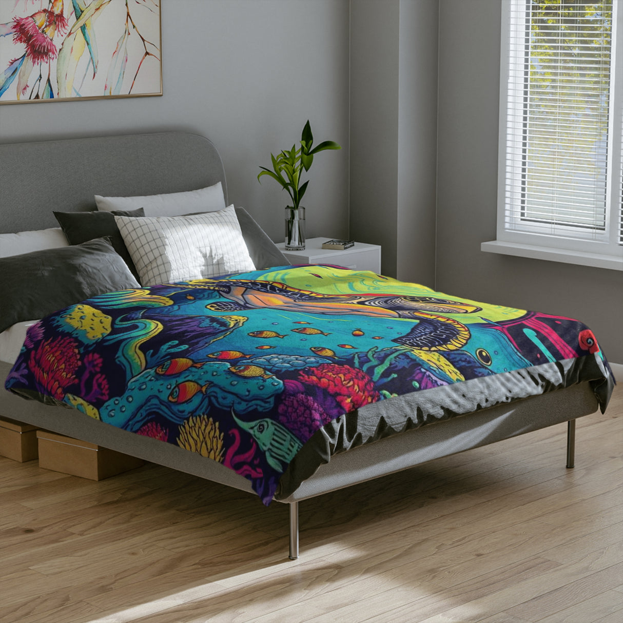Psychedelic Sea Turtle-Themed Velveteen Microfiber Blanket - 3 Sizes
