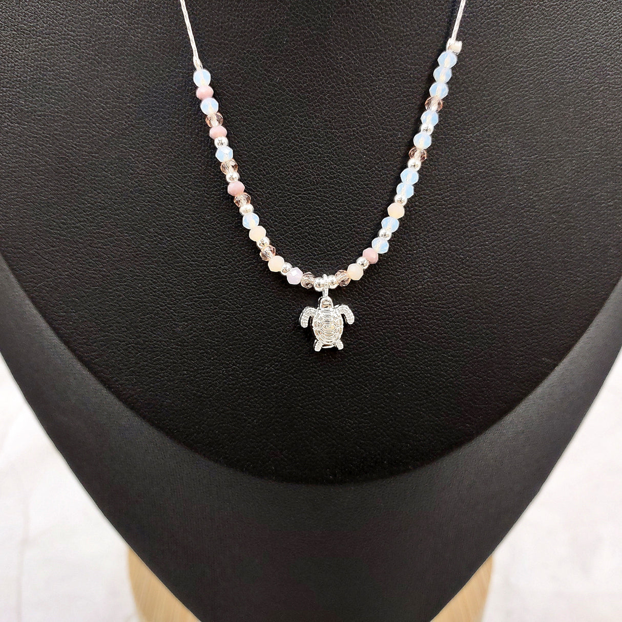 Sea Turtle Charm Necklace Pink Peach White Beads Silver Color (approx. 14+ inches AROUND) Sea Turtle Necklace Jewelry for seaside wear!