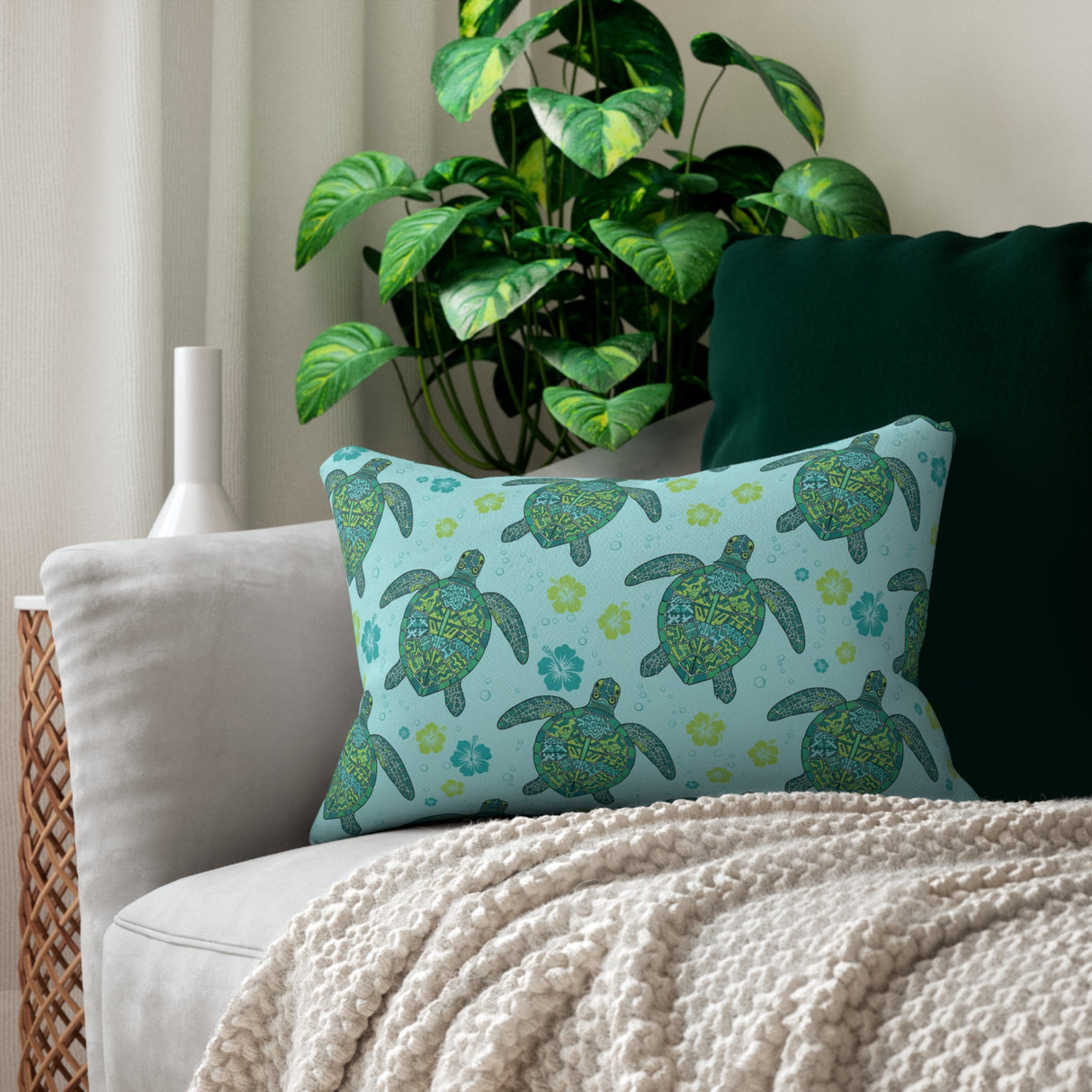 Sea Blue and Green Island Inspired Sea Turtle Lumbar Pillow