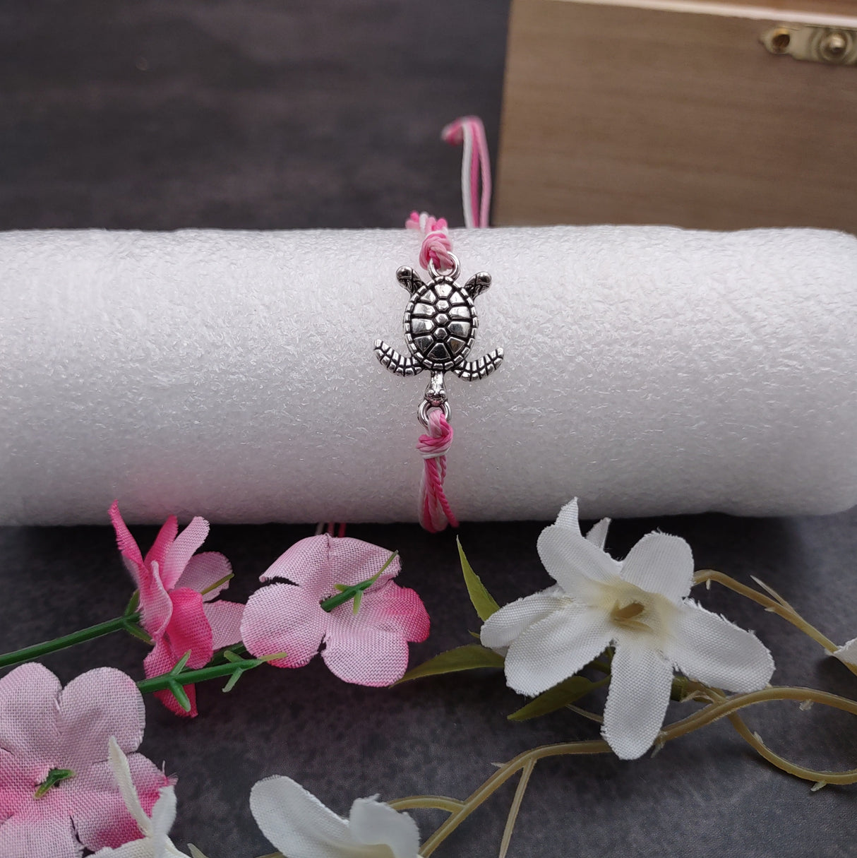 Sea Turtle Charm Bracelet Pink White Cord (approx. 5-7+ inches AROUND) Rose Carnation Sea Turtle String Bracelet Jewelry a thoughtful gift!