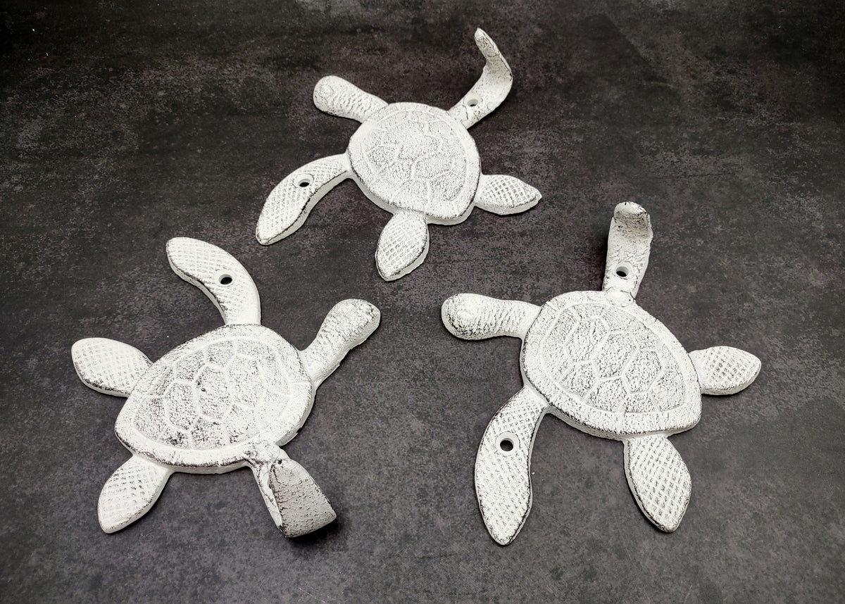 Cast Iron Antique White Sea Turtle Wall Hook (1 cast iron hook approx. 6+ inches) Functional Sea Turtle Wall Hanger for coastal home decor!