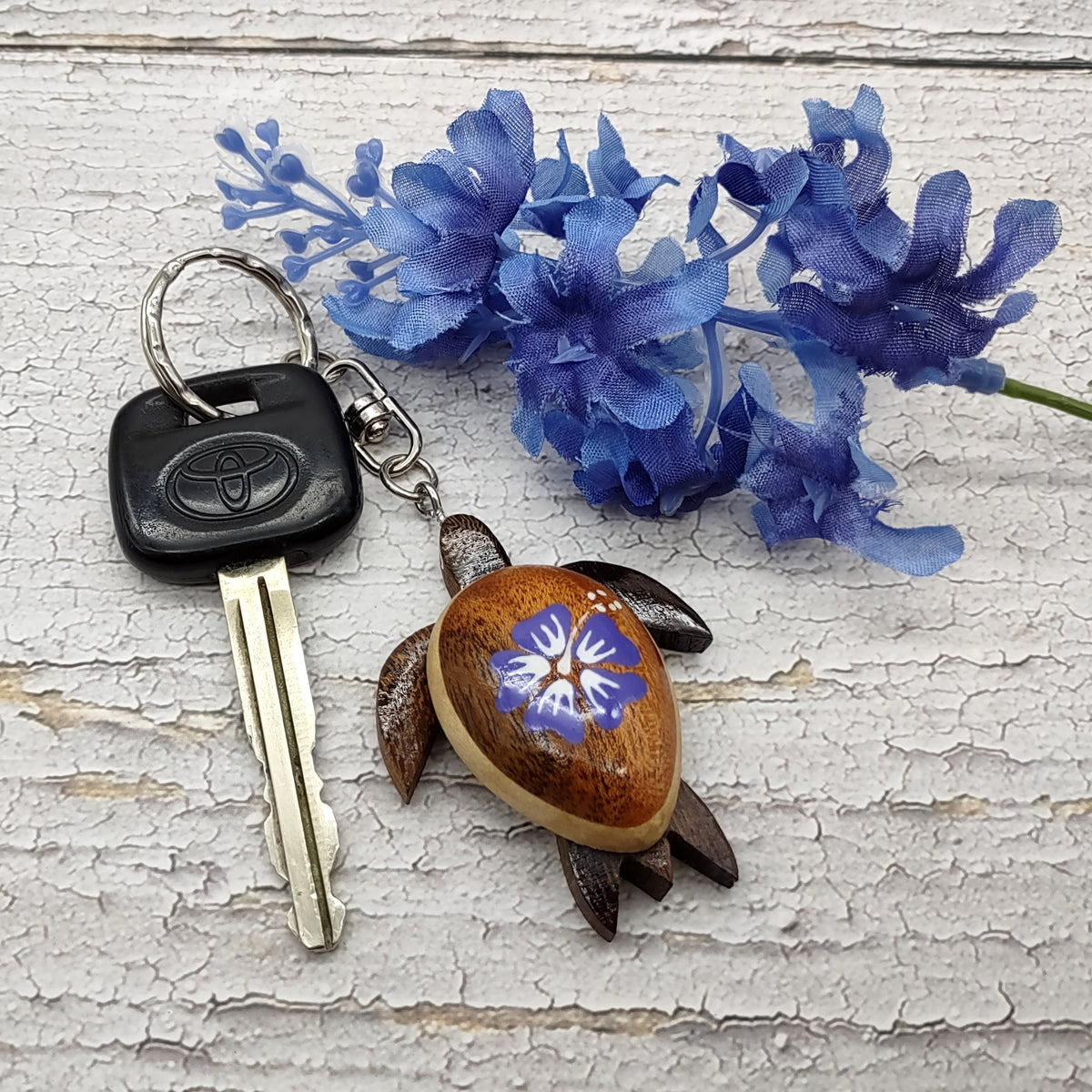 Purple Hibiscus Painted Wooden Sea Turtle Keychain (1 keychain approx. 4.25+ inches) Wooden Sea Turtle Key Fob for gifting or party favors!