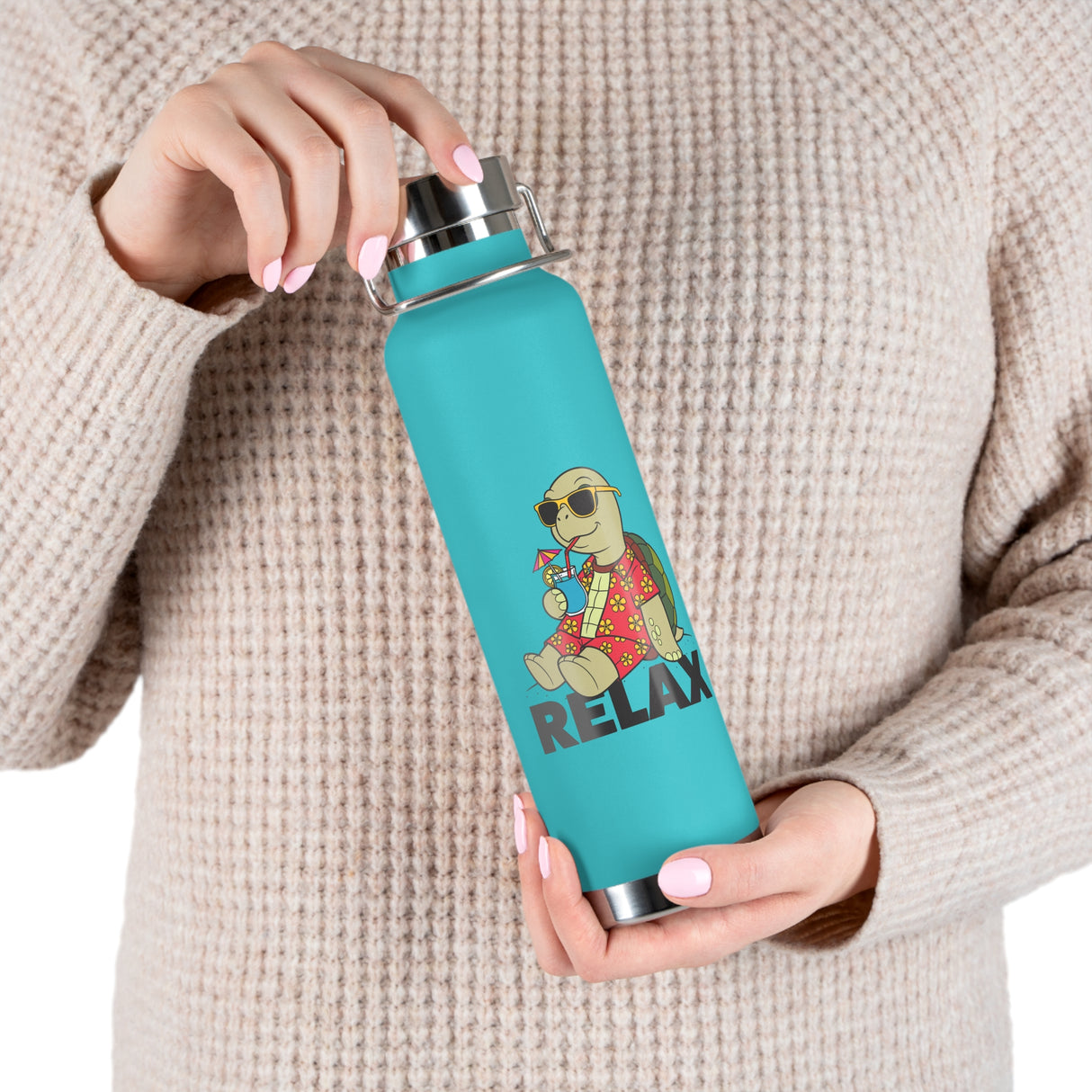 RELAX Cartoon Turtle Water Bottle 22oz - Cute Turtle Design, Insulated Drinkware for Summer, Beach Days, Gifts for Friends