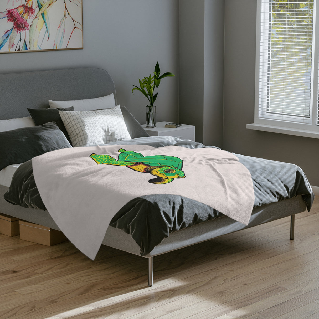 Comic Style Green Sea Turtle -Themed Velveteen Microfiber Blanket - 3 Sizes
