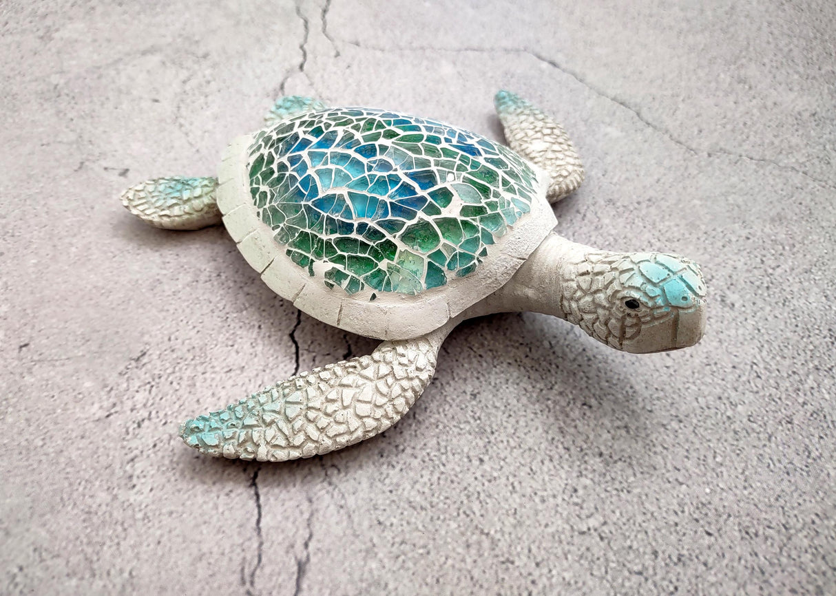 Sea Turtle Blue Green Glass Mosaic Shell Figurine (1 figure approx. 6.25+ inches long) Glass Mosaic Shell Sea Turtle Figure for home decor!