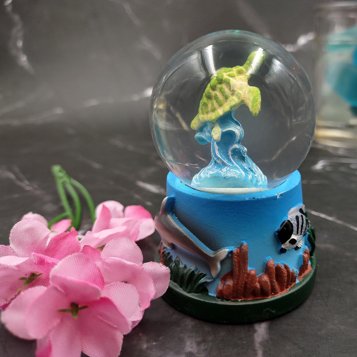 Small Sea Turtle Water Globe with Dolphin and Coral Base (1 globe approx. 2.75 inches tall) Cute Sea Turtle Water Globe for gifts & decor!
