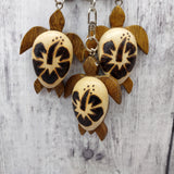 Natural Wood Hibiscus Sea Turtle Keychain (1 keychain approx. 4+ inches) Wooden Pattern Sea Turtle Key Fob for gifting or decorative charm!