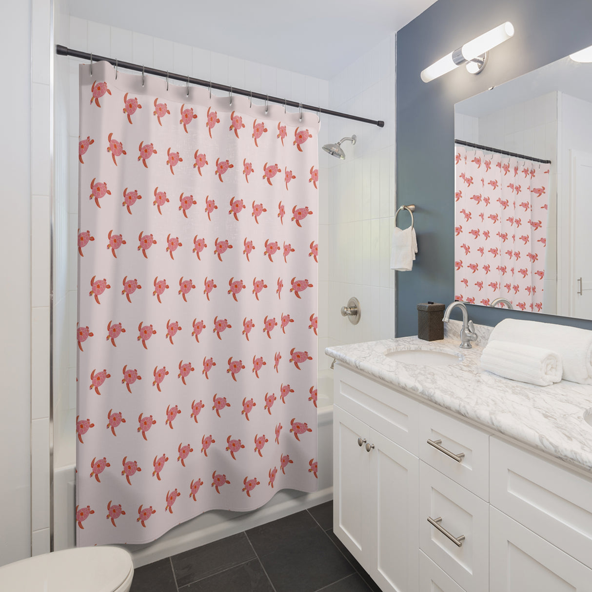 Fun Pink Sea Turtle Shower Curtains - Coastal Bathroom Decor