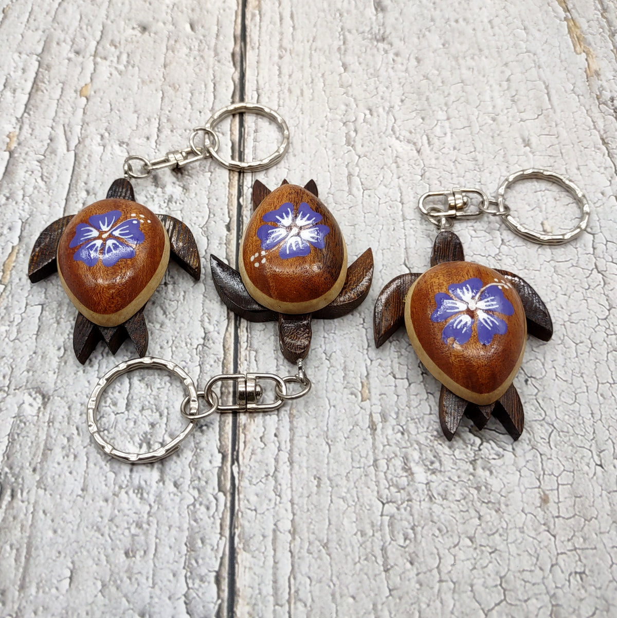 Purple Hibiscus Painted Wooden Sea Turtle Keychain (1 keychain approx. 4.25+ inches) Wooden Sea Turtle Key Fob for gifting or party favors!