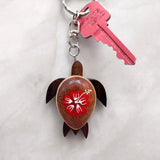 Red Hibiscus Painted Wooden Sea Turtle Keychain (1 keychain approx. 4.25+ inches) Wooden Sea Turtle Key Fob for gifting or party favors!