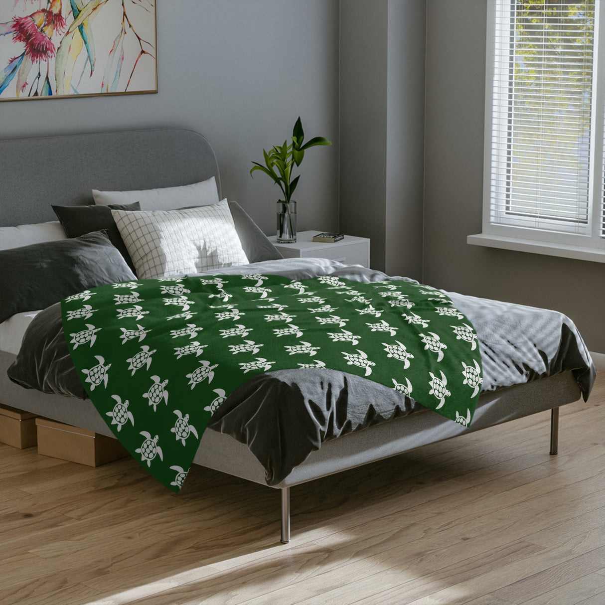 Green and White Sea Turtle Pattern-Themed Velveteen Microfiber Blanket - 3 Sizes