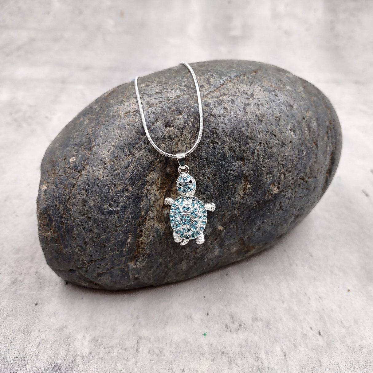 Aqua Rhinestone Sea Turtle Pendant Necklace (approx. 16+ inches AROUND) Teal Sea Turtle Jewelry a gift for ocean & sea turtle enthusiast!