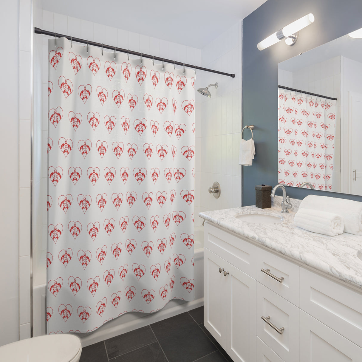 Red Heart Sea Turtle Shower Curtains - Coastal Bathroom Decor
