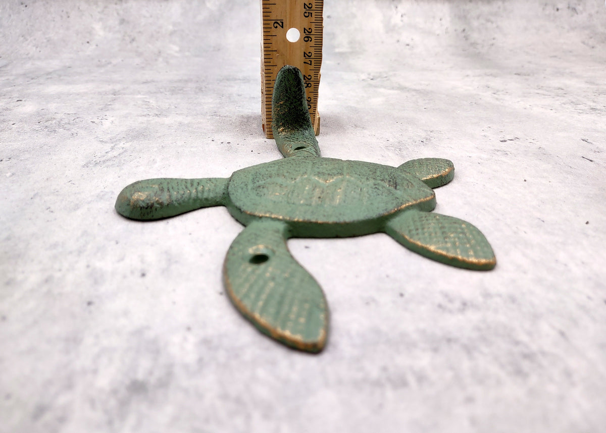 Cast Iron Green Patina Sea Turtle Wall Hook (1 cast iron hook approx. 6+ inches) Verdigris Sea Turtle Wall Hanger for coastal home decor!