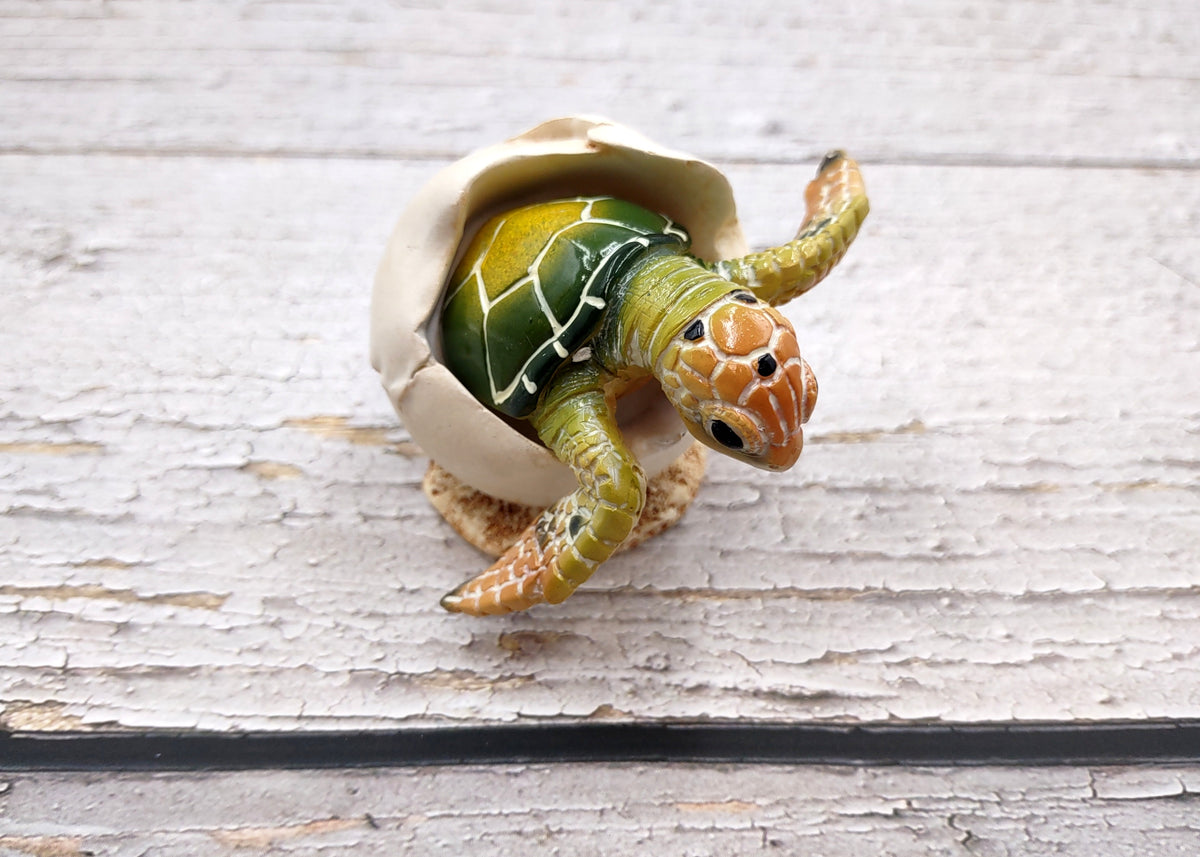 Green Baby Sea Turtle Hatching Figure (1 turtle approx. 3+ inches) Green Painted Resin Baby Turtle Egg Figure for coastal home décor!