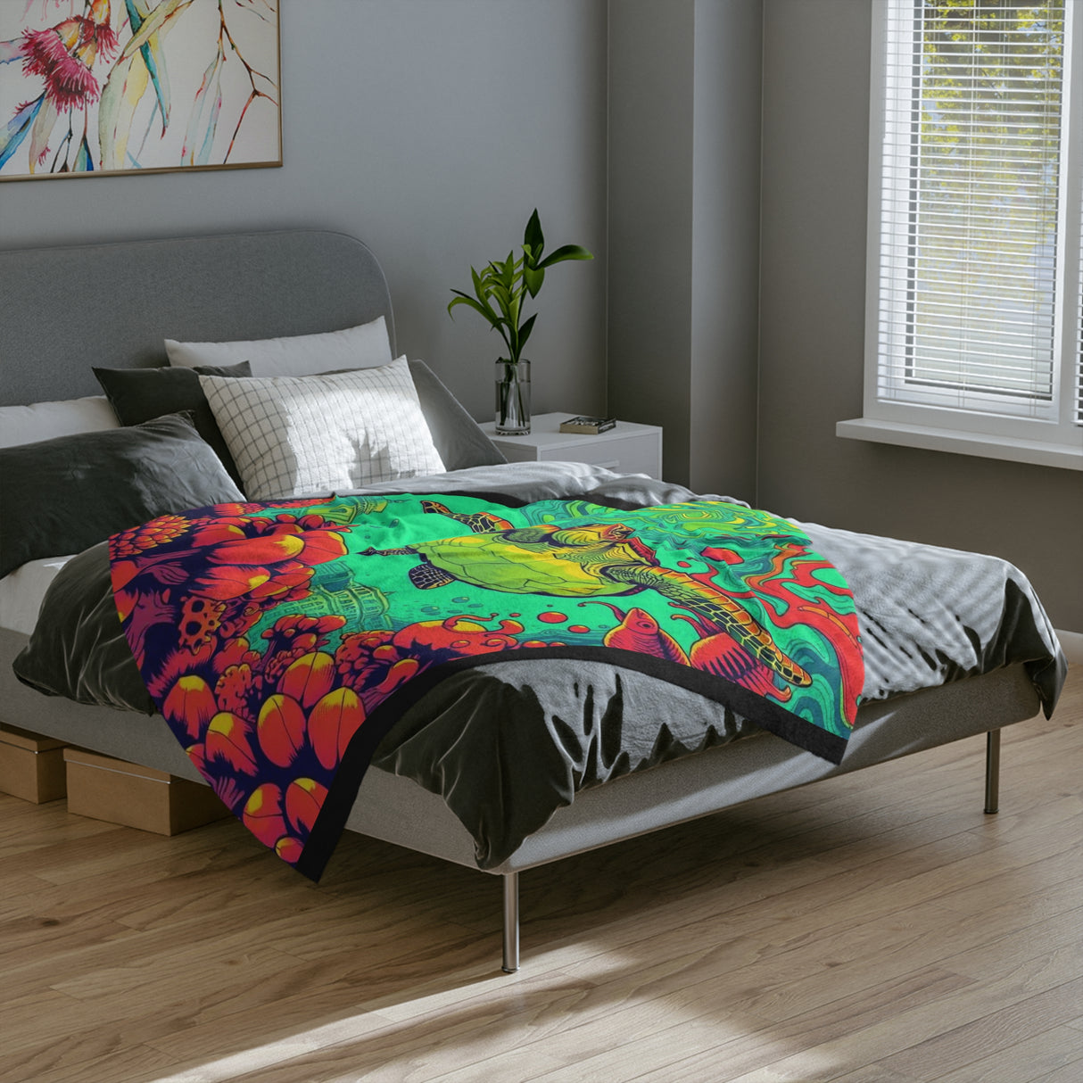 Colorful Sea Turtle Near Atlantis -Themed Velveteen Microfiber Blanket - 3 Sizes